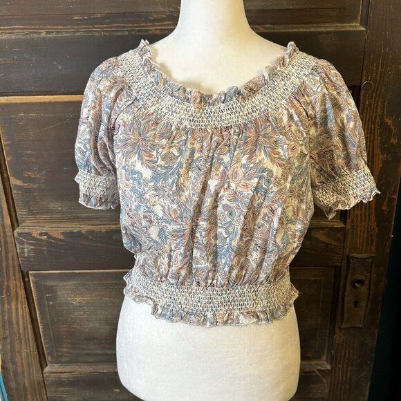J Crew Liberty Fabric Size L Cropped Poplin Top Muted Neutral Floral Print - Picture 1 of 9